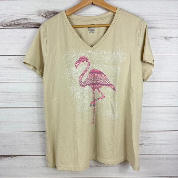 Womens Flamingo V Neck Beige T-Shirt 5 Stars Size XXL - Picture 1 of 6